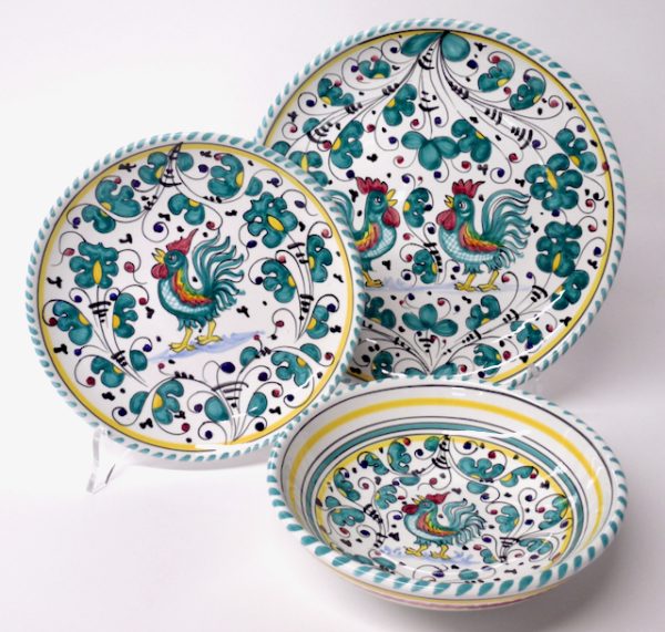 Deruta Galletto Green Set with 9.5" Dinner Plate, 8" Salad/Dessert Plate, & 8" Bowl